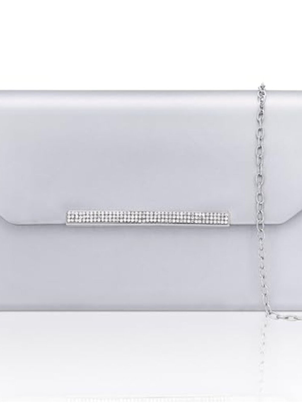Metallic Faux Leather Crystal Accent Evening Clutch with Chain Strap
